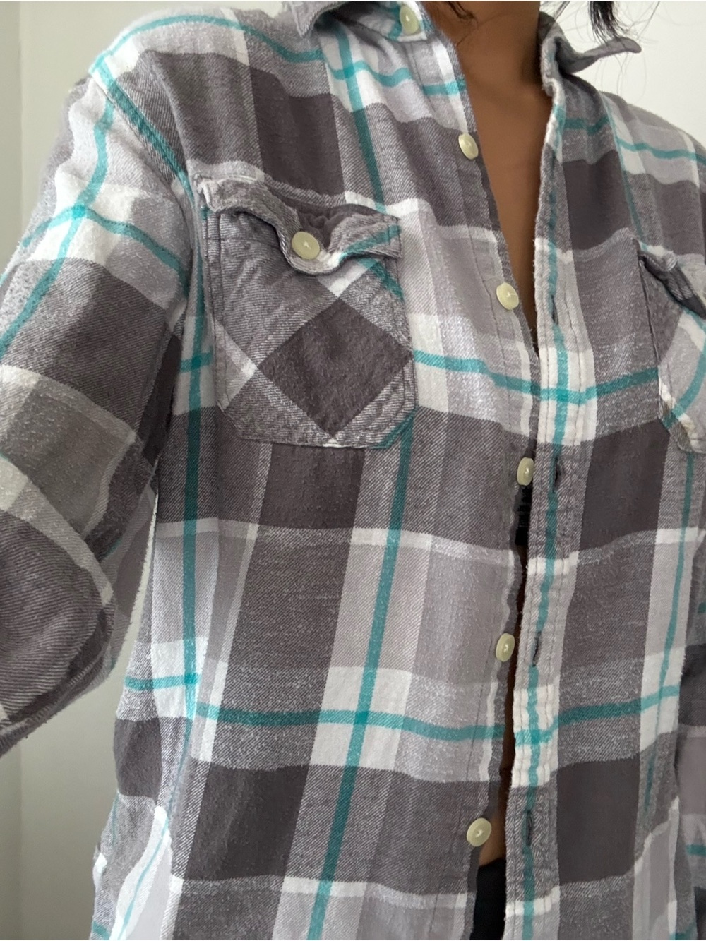 American Rag Gray, White & Teal Plaid Button-Down Shirt